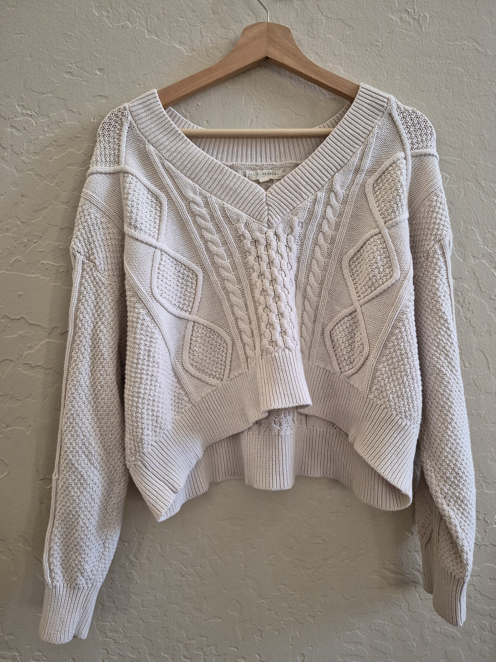 La Hearts Cream Cable Knit V-Neck Sweater